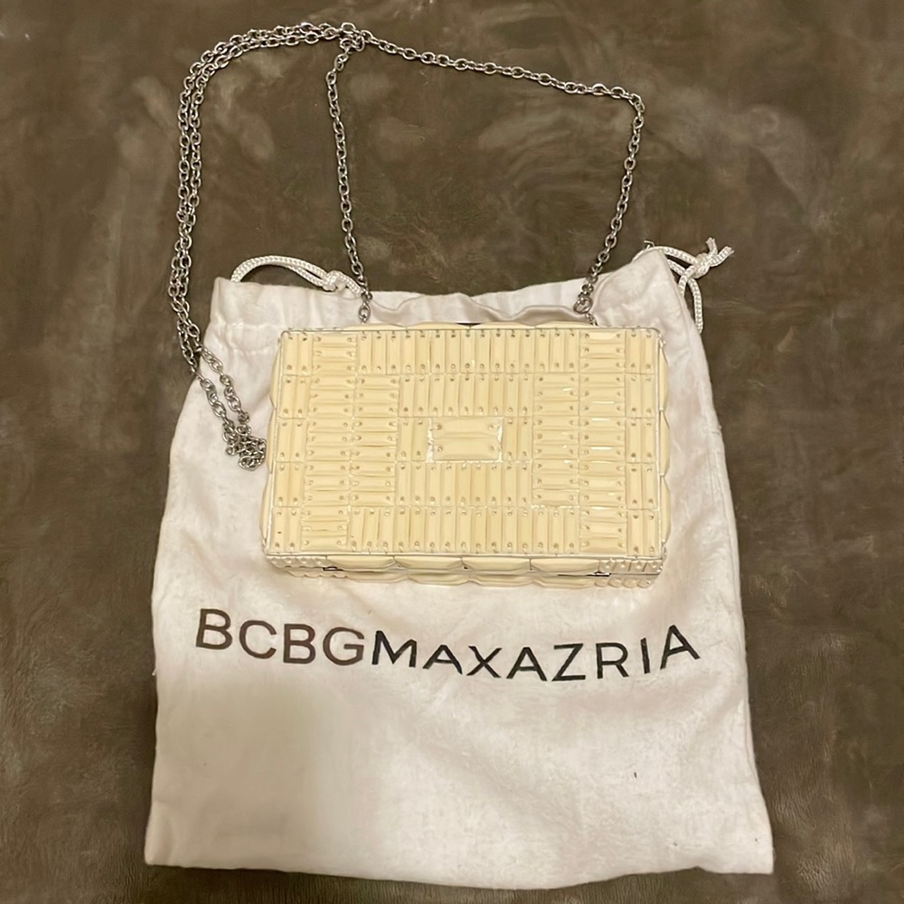BCBG Maxazria Off white bead box clutch with chain